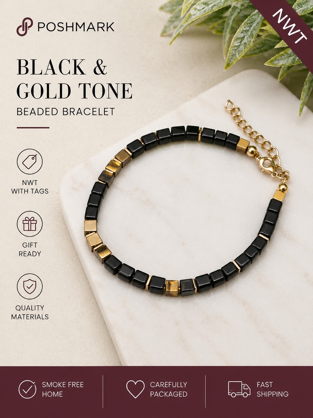 Black & Gold Tone Beaded Bracelet - Classic Women's Jewelry